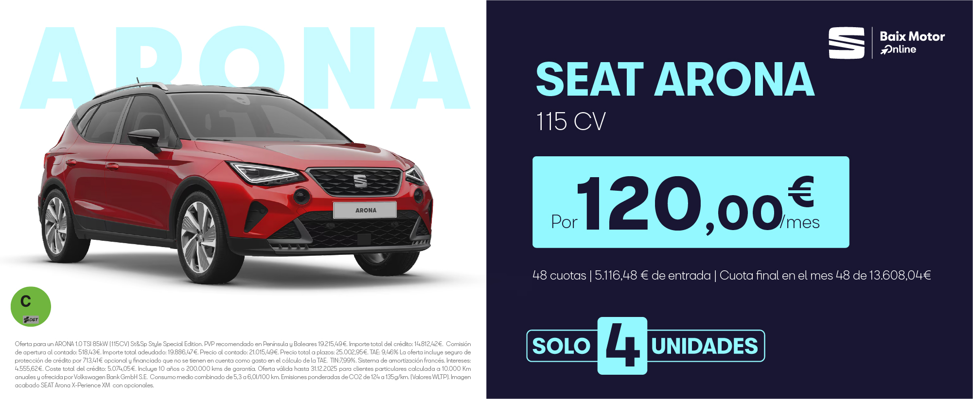 ¡Solo 4 unidades! SEAT Arona por 120€/mes*